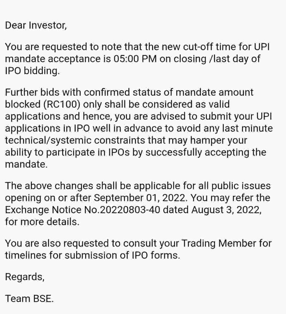 New Cut-Off Time for UPI Mandate Acceptance in IPOs